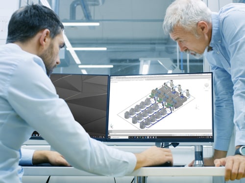 Men looking at an LBA rendering on their computer