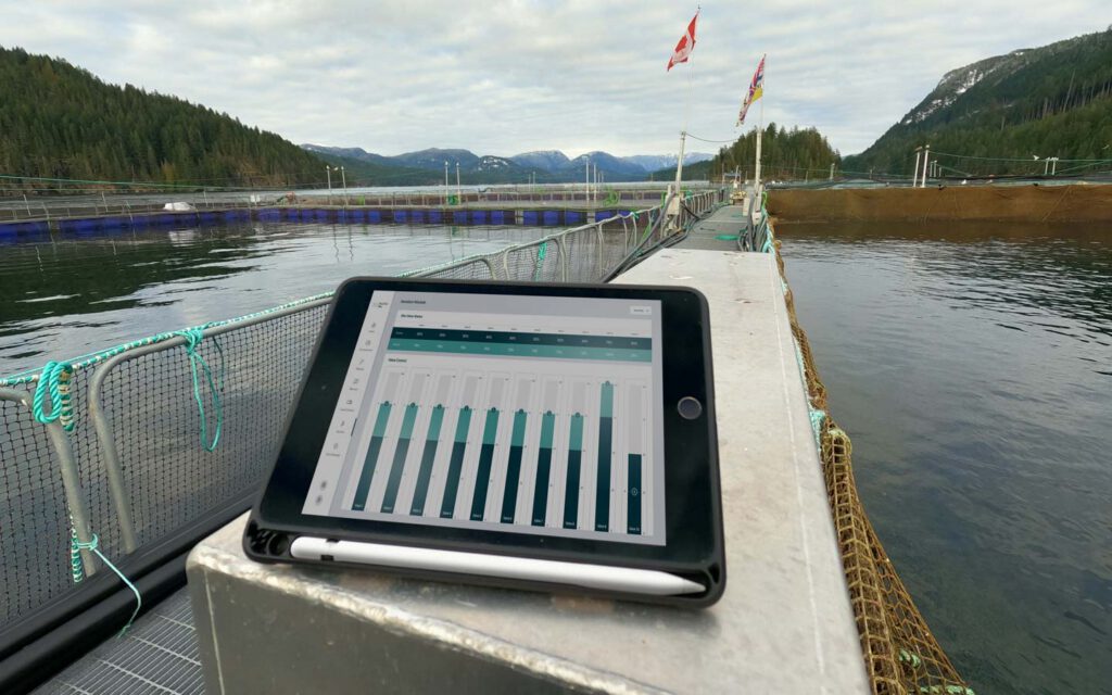 Realfish pro software on tablet on Canadian salmon farm