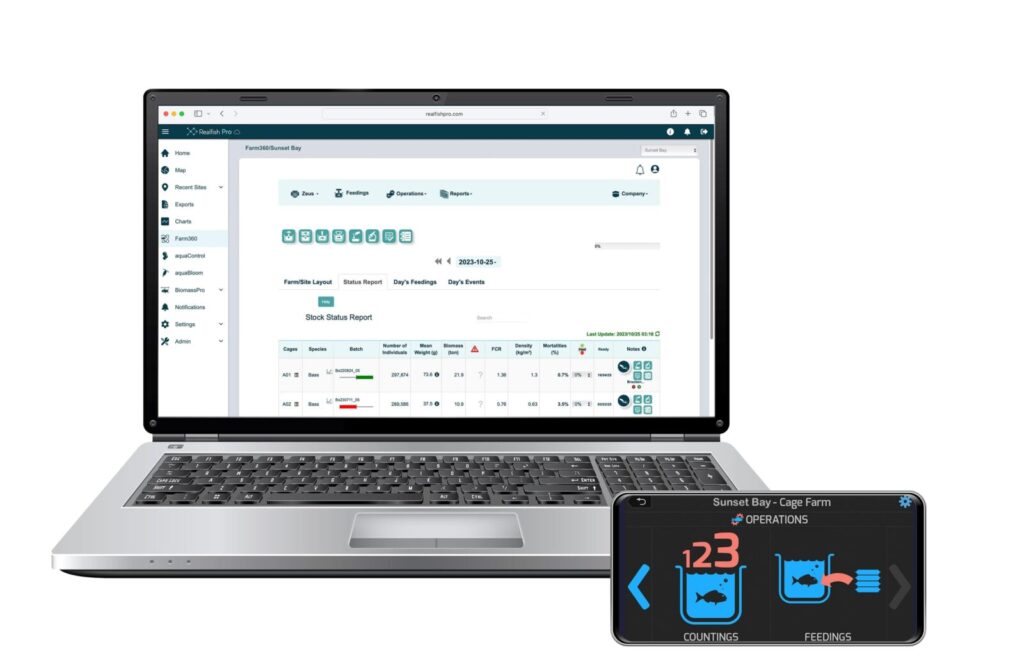 Laptop displaying aquaculture management software with stock status report, alongside tablet showing fish counting and feeding operations interface.