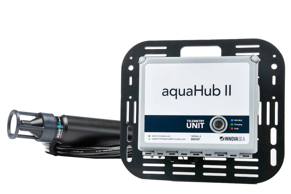 aquaHub II telemetry unit in protective black cage with attached underwater sensor probe