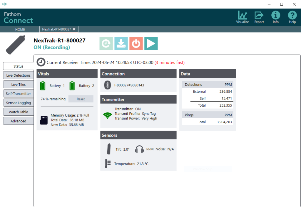 Fathom Connect software interface showing status dashboard for NexTrak-R1-800027 device with battery levels, sensor readings, data transmission statistics, and recording controls.
