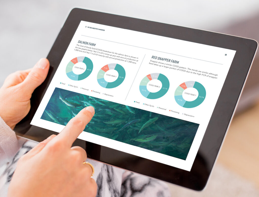 Person using tablet displaying aquaculture analytics dashboard with pie charts comparing salmon and red snapper farm data, plus underwater fish image.
