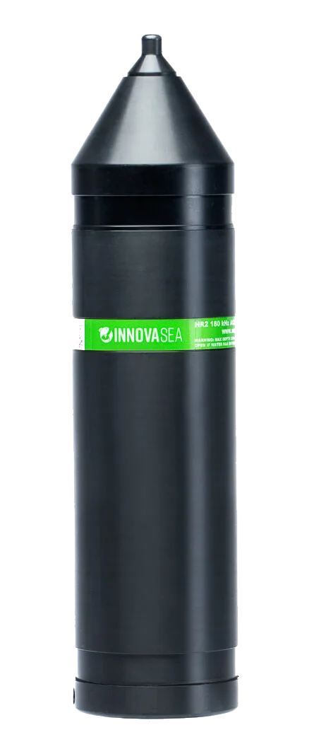 HR2 Black cylindrical container with conical top and green INNOVASEA label, appears to be marine or scientific equipment.