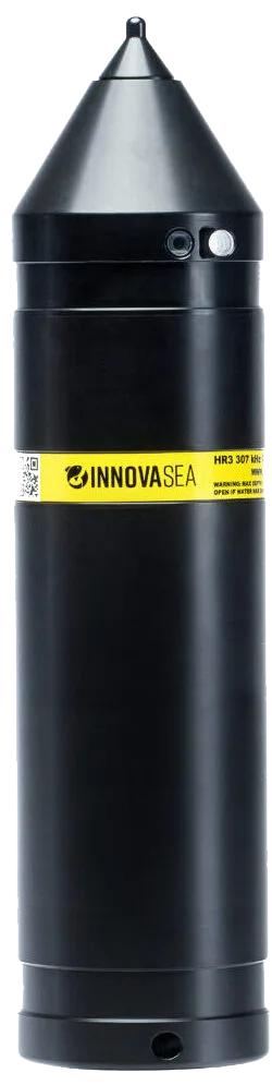 HR3 Black cylindrical underwater sonar device with conical top and yellow InnovaSea label on lower section.