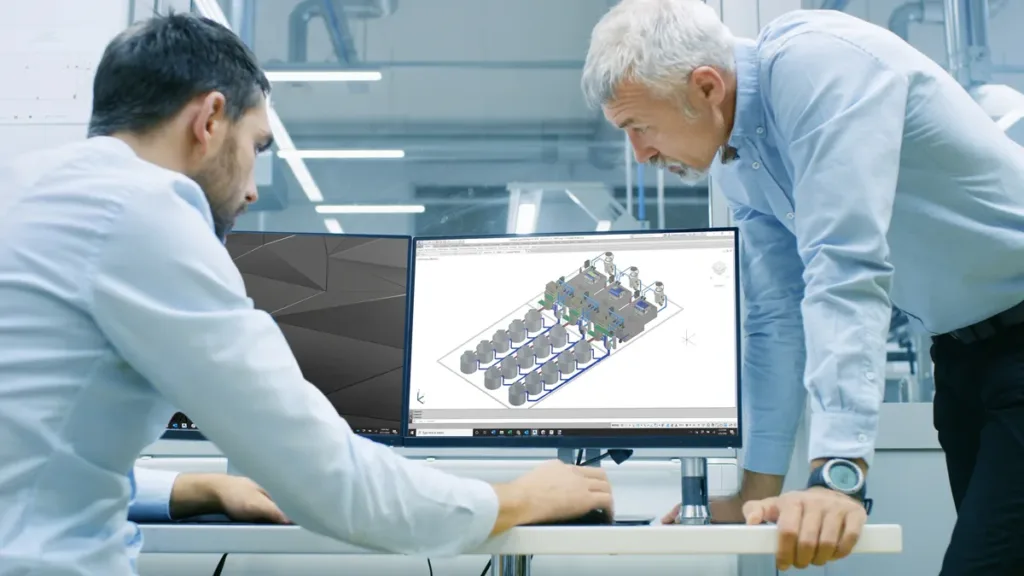 Two men engineers in a modern office examining integrated system on a computer monitor, with one seated at the desk and another standing behind reviewing the technical drawings.