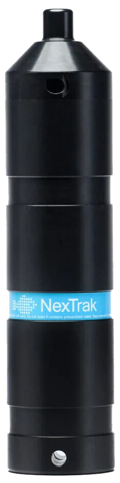 Black cylindrical NexTrak R1 device with blue label band and metallic top section