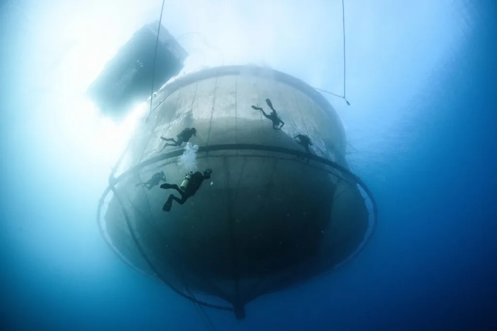 Underwater view of divers exploring the hull of a large submerged ship, with bright sunlight filtering through the water above.