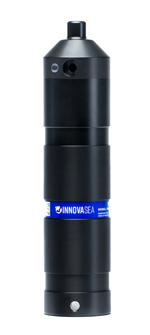 Black cylindrical VR2Tx acoustic device with InnovaSea branding and control ports.