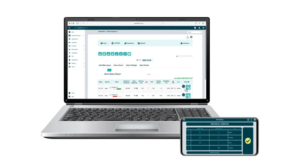 Laptop displaying a data management dashboard with spreadsheet-like interface, alongside a smartphone showing a mobile version of the same application.