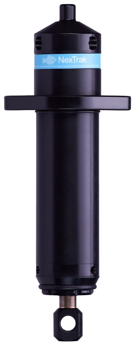 Black cylindrical NexTrak Acoustic Release with NexTrak branding and mounting flange, appears to be a precision measurement or positioning tool.