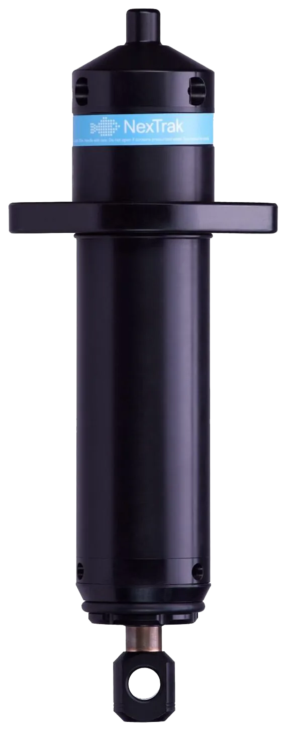 Black cylindrical NexTrak Acoustic Release with NexTrak branding and mounting flange, appears to be a precision measurement or positioning tool.