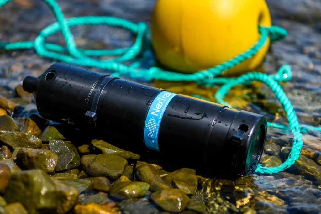 A black waterproof flashlight with blue band lies on wet rocks near a yellow buoy and turquoise rope by water.