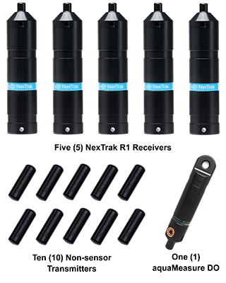 Five black NexTrak R1 receivers, ten small black non-sensor transmitters, and one aquaMeasure DO sensor for water monitoring equipment.