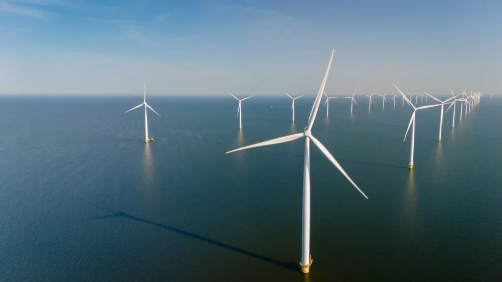 Offshore wind farm with multiple white wind turbines standing in blue ocean water under a clear sky.