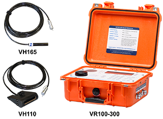 Orange rugged case containing electronic equipment with laptop screen, plus two black cables labeled VH165 and VH110, and model number VR100-300.