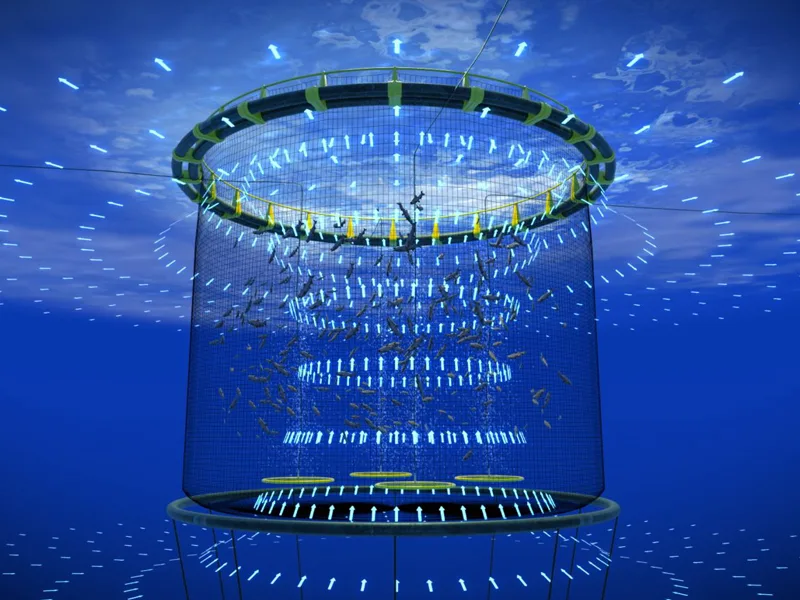 Large circular underwater research facility with transparent cylindrical walls and multiple illuminated levels, surrounded by fish in deep blue ocean water.